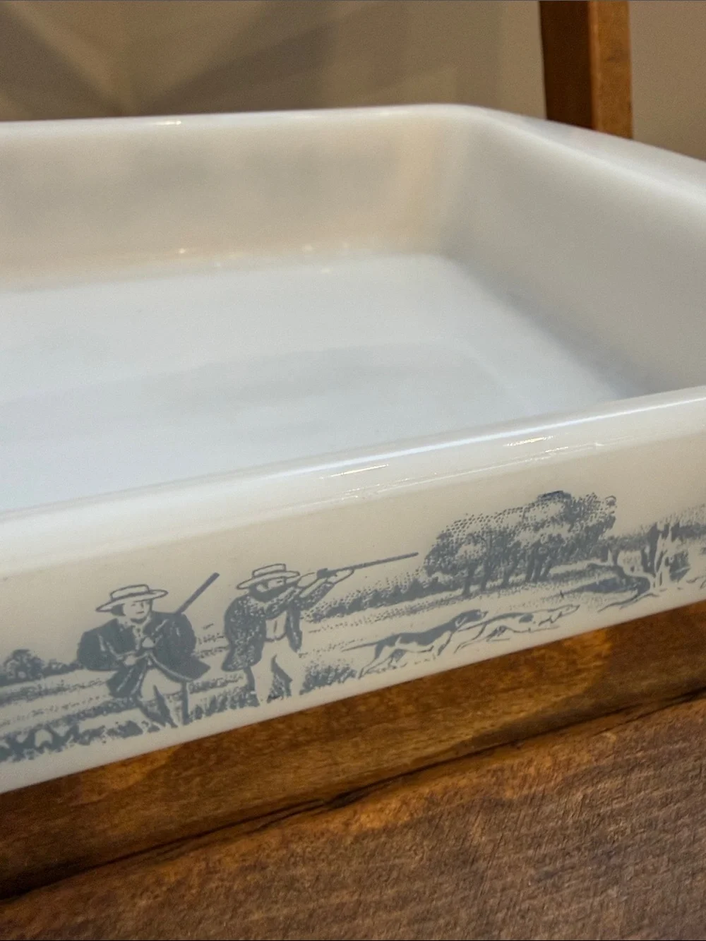 Vintage Glassbake Currier & Ives Blue Hunting Scene Milk Glass Square Bake Dish